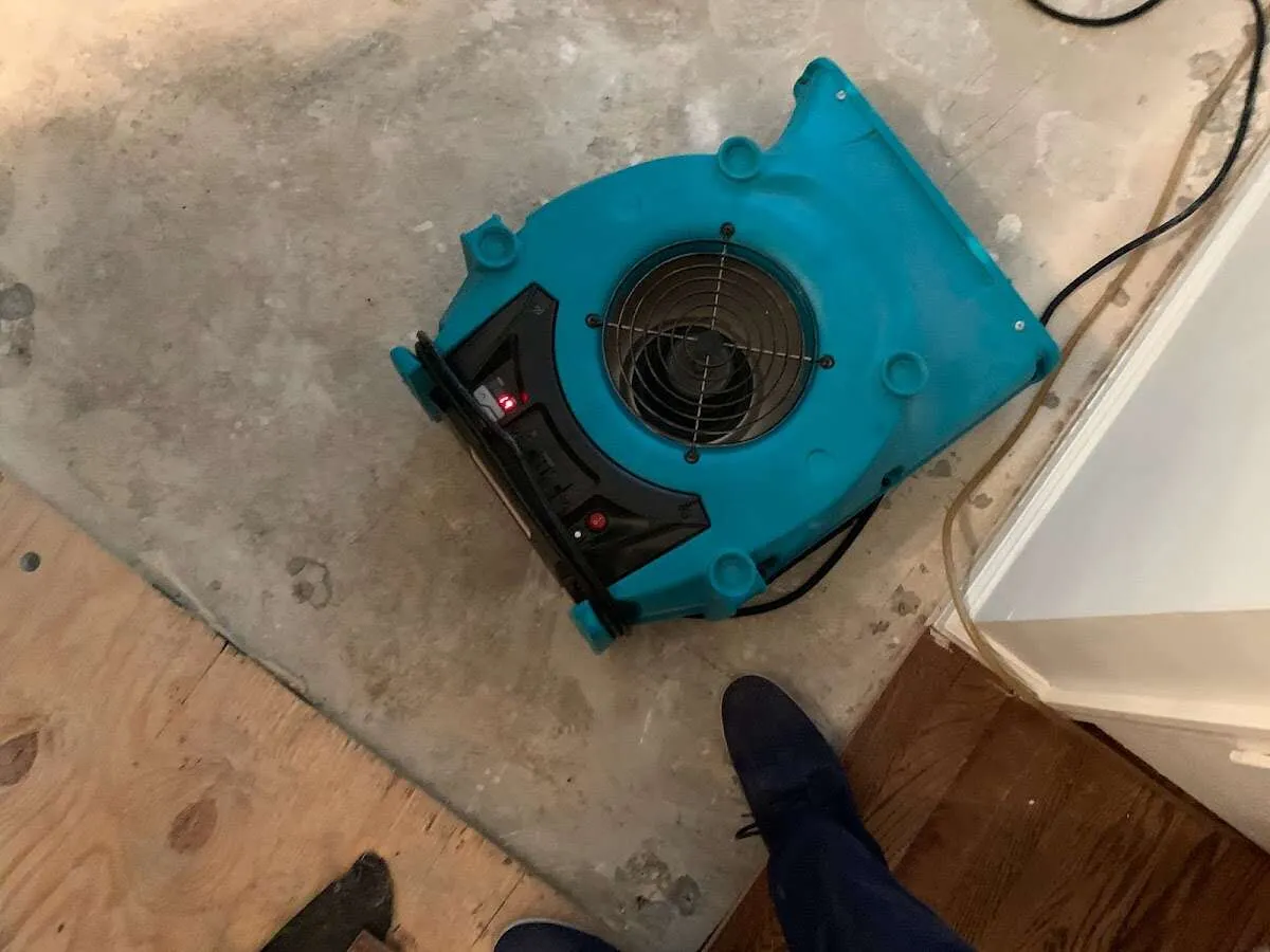 Air mover drying subfloor during Leak Detection & Repair in Doral